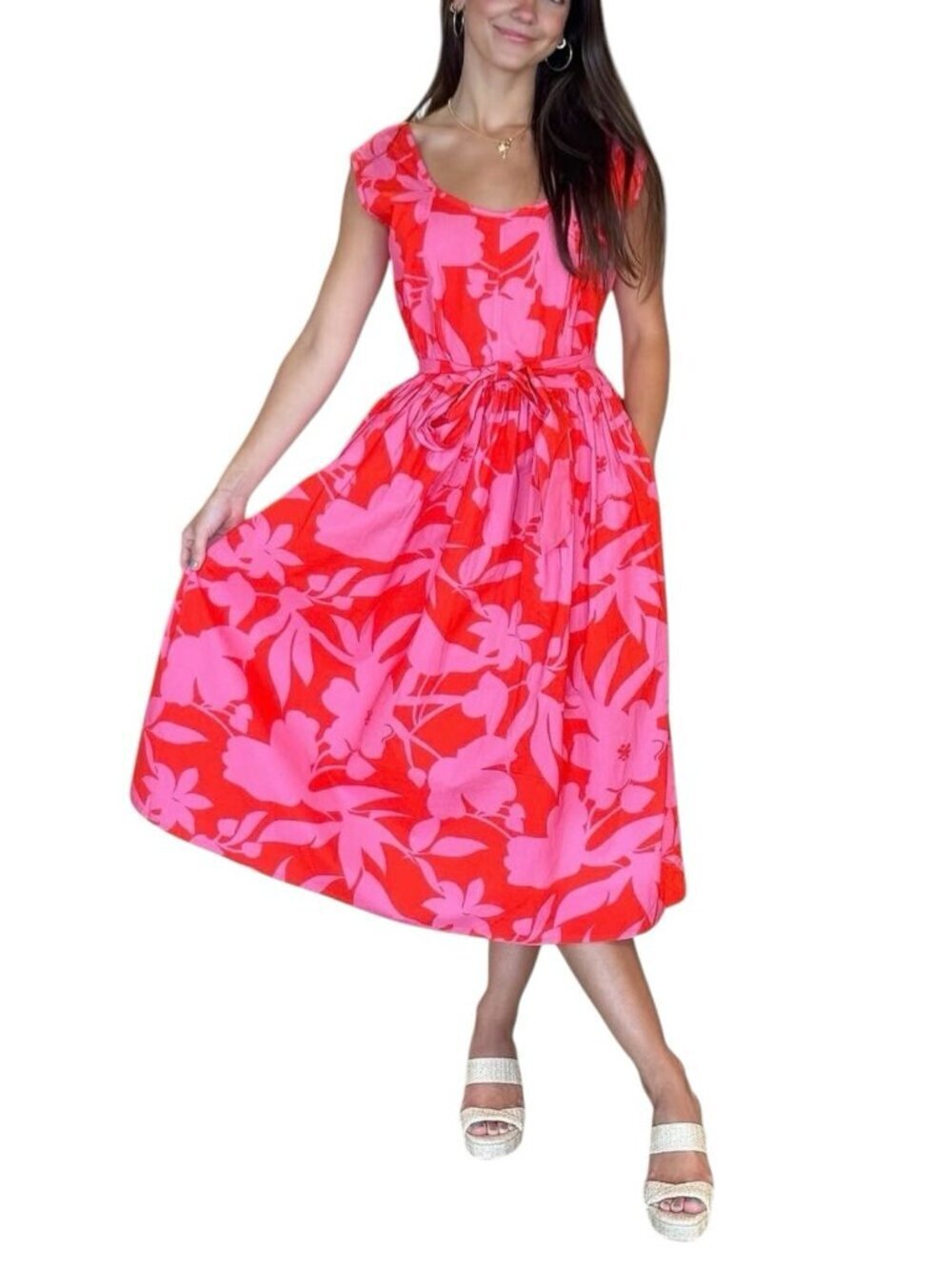 Farylina Kelly Midi Dress Size Large Pink Orange Floral Cotton Belted NWT